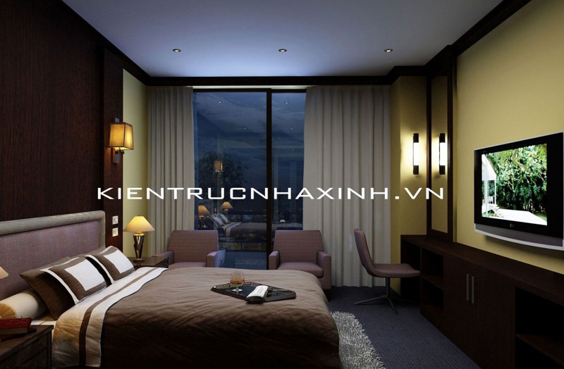 Mẫu thiết kế nội thất khách sạn cho phòng ngủ có tông màu tối
